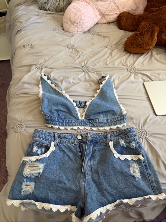 Other - Denim Lace Trim Bralette and Shorts Set